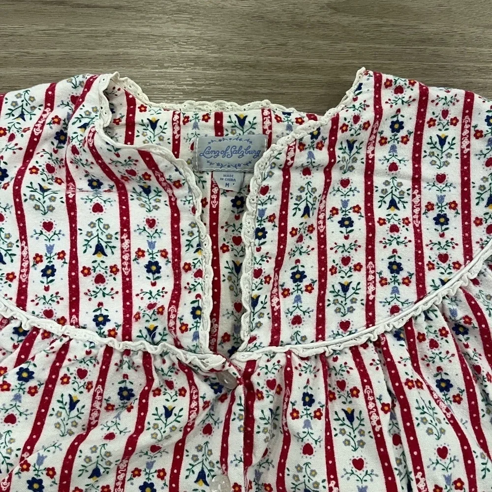 LANZ OF SALZBURG Tyrolean Flannel Nightgown White Red Stripes Floral Hearts M